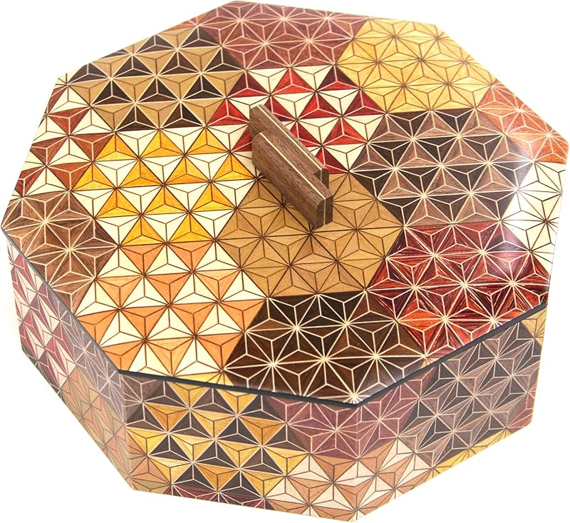 Octagonal yosegi box with a flip-top lid covered in triangle mosaic